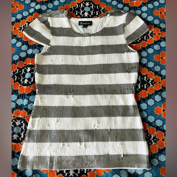 INC International Concepts Tops - I.N.C. Women’s Sequin Gray & White Striped Short Sleeve Top